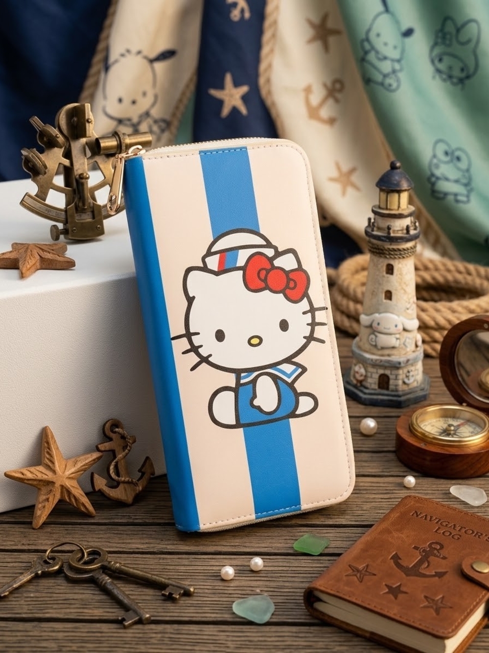 Hello Kitty Blue and Cream Nautical Theme Zip-Around Wallet